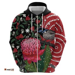 personalised australia waratah and superb fairywren hoodie aboriginal art