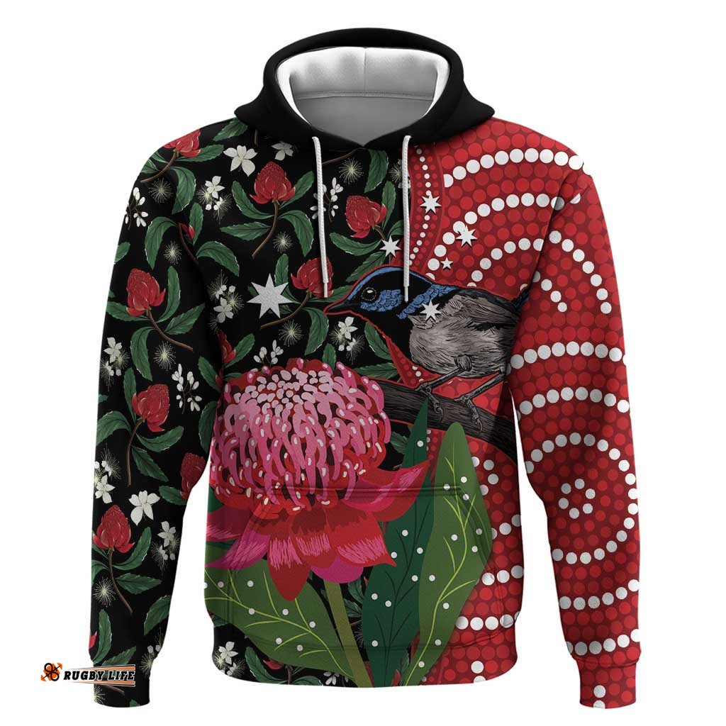 personalised australia waratah and superb fairywren hoodie aboriginal art
