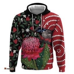 personalised australia waratah and superb fairywren hoodie aboriginal art