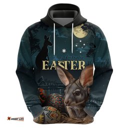 australia easter 2024 hoodie bunny with aboriginal eggs at starry night