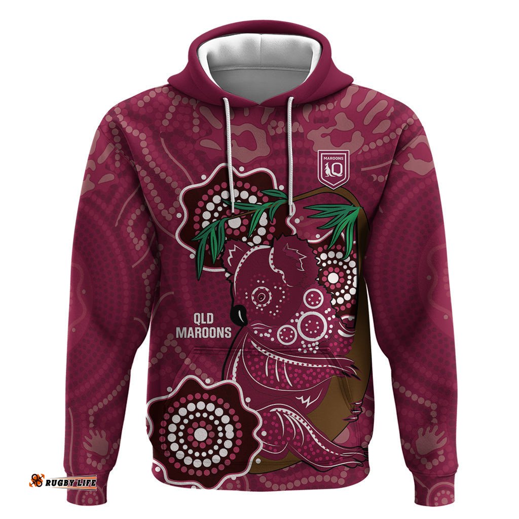 custom queensland maroons rugby hoodie 2024 koala mix aboriginal art
