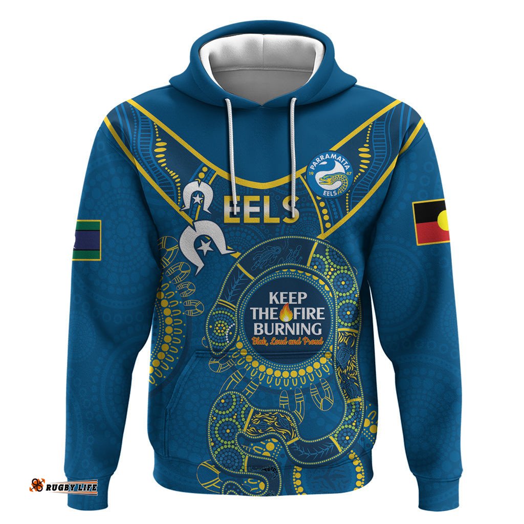 custom nrl eels naidoc week hoodie keep the fire burning indigenous art