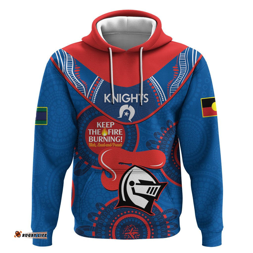 custom nrl knights naidoc week hoodie keep the fire burning indigenous art
