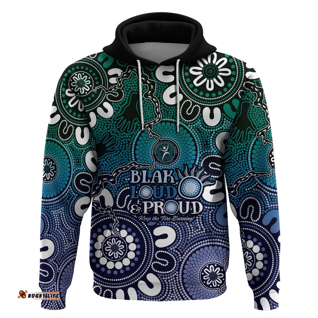 naidoc week 2024 fire burning hoodie aboriginal dots blue art