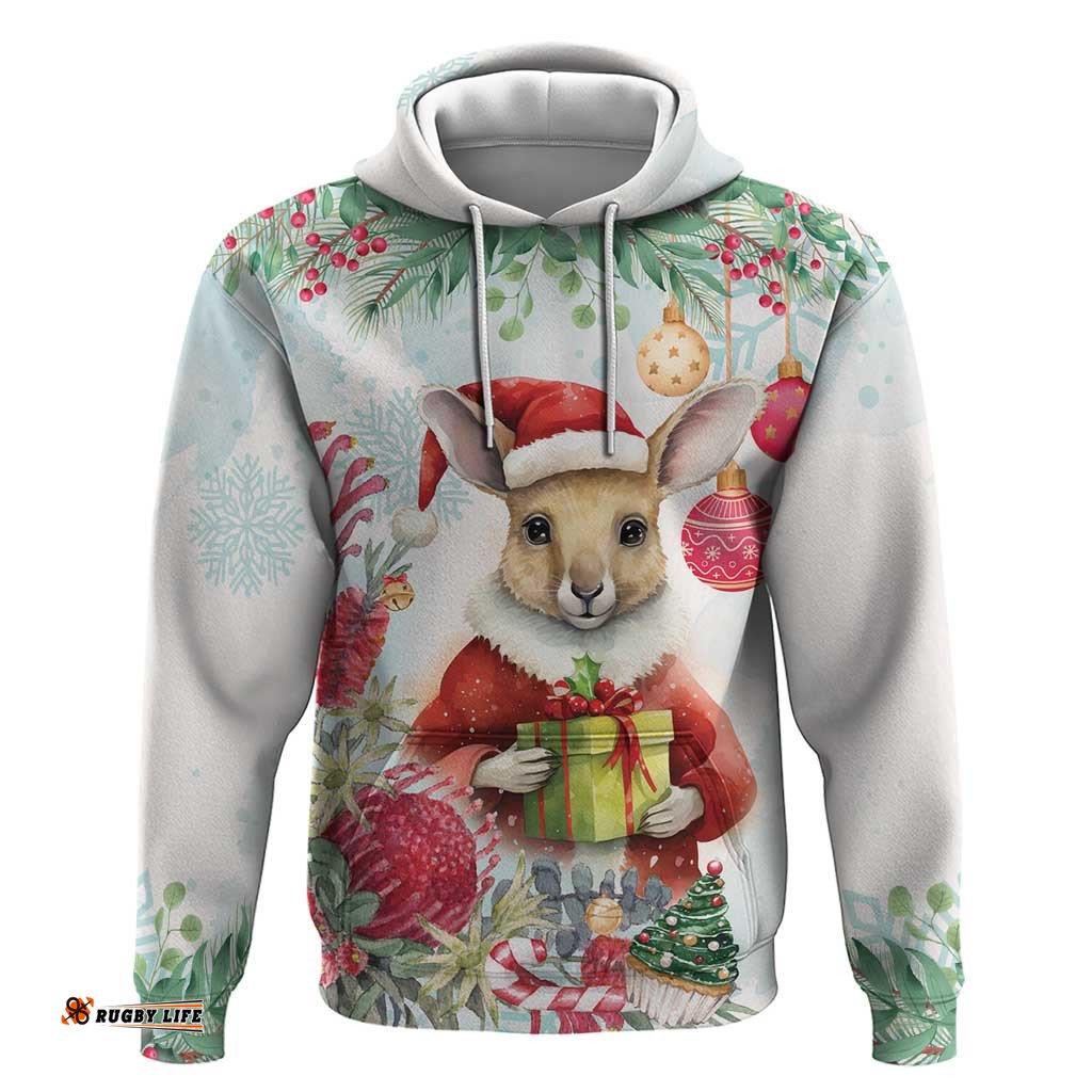 australia christmas hoodie kangaroo santa with aussie flower watercolor