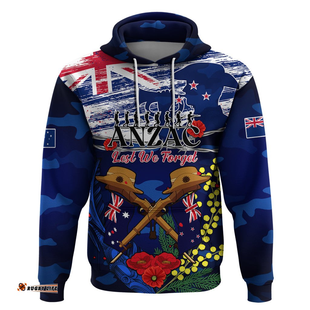 australia and new zealand anzac day hoodie lest we forget silver fern with golden wattle