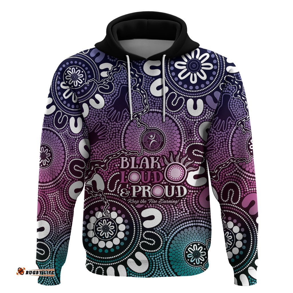 naidoc week 2024 fire burning hoodie aboriginal dots pink art
