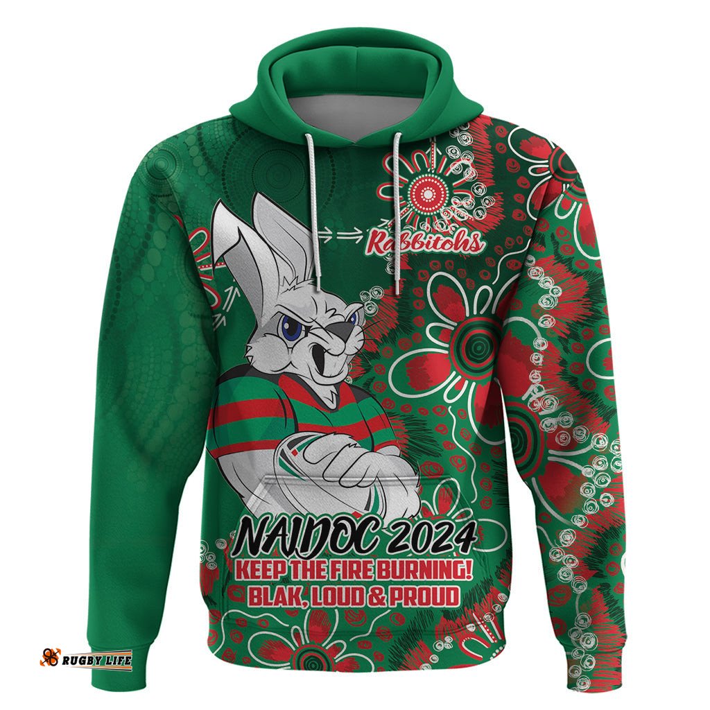 personalised rabbitohs naidoc week 2024 hoodie aboriginal fire burning sparks