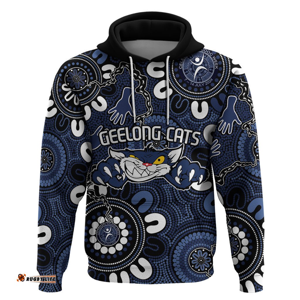 custom geelong cats naidoc week 2024 hoodie fire burning aboriginal dots art