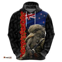 new zealand kiwi soldier anzac hoodie red poppy flower and silver fern pattern