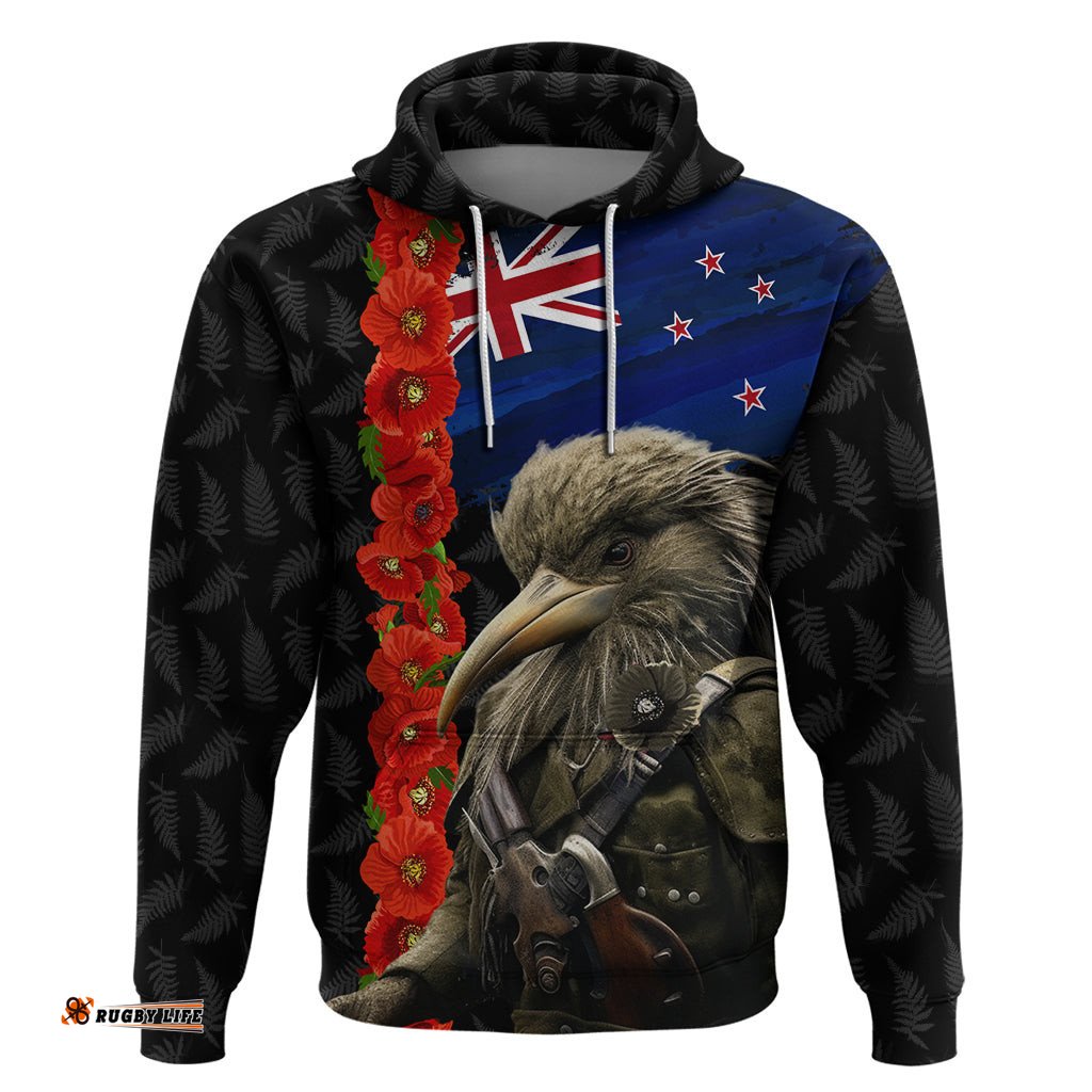 new zealand kiwi soldier anzac hoodie red poppy flower and silver fern pattern