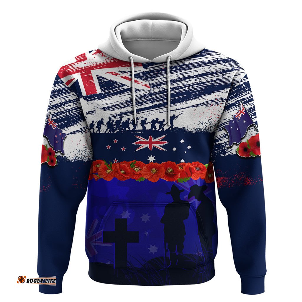 new zealand and australia anzac day hoodie lest we forget red poppy flowers and soldier