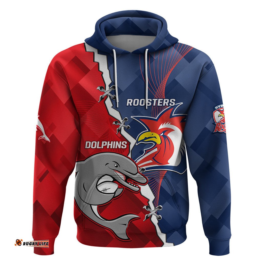 personalised dolphins and roosters rugby hoodie nrl sporty style