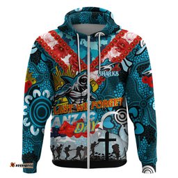 personalised sharks anzac day hoodie aboriginal rising sun dt02
