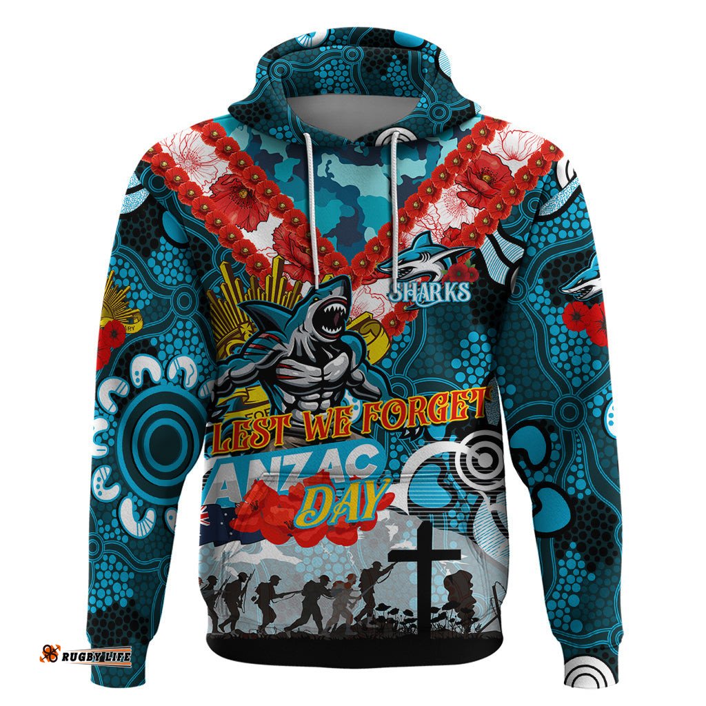 personalised sharks anzac day hoodie aboriginal rising sun dt02