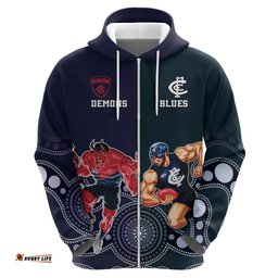 demons and blues football hoodie melbourne and calrton mascots aboriginal art