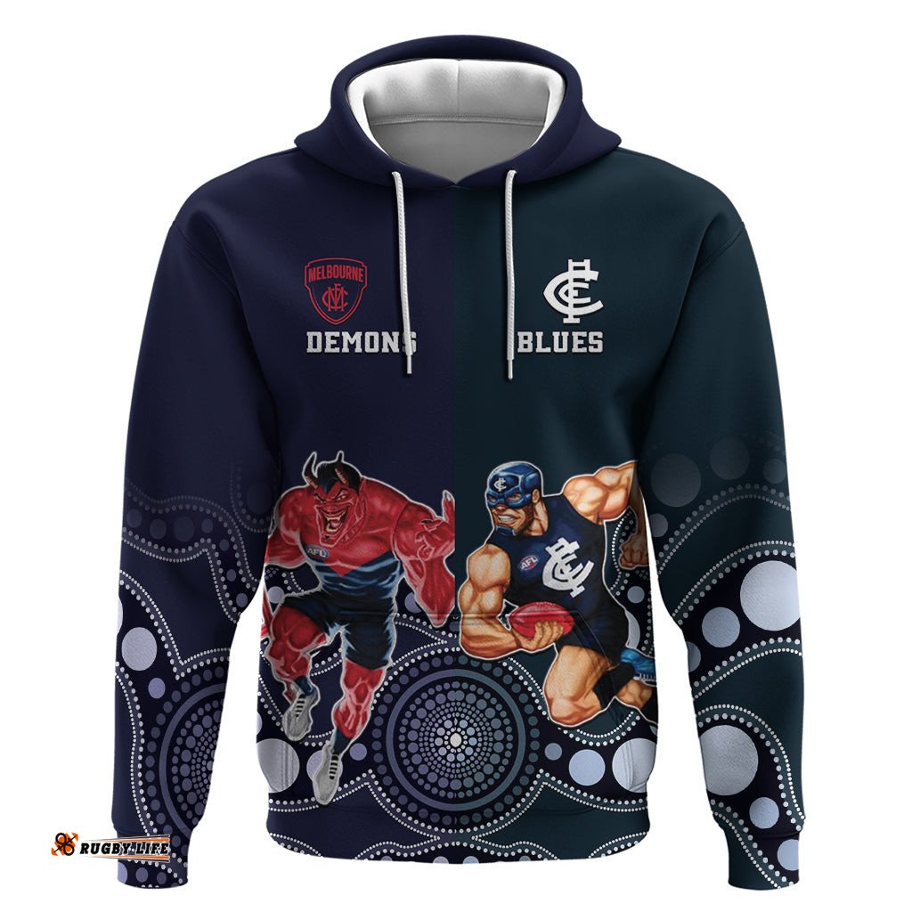 demons and blues football hoodie melbourne and calrton mascots aboriginal art