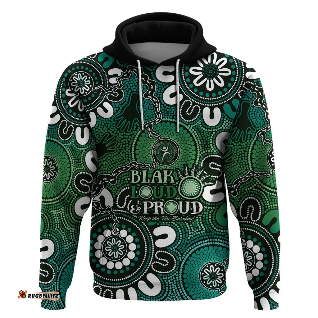 naidoc week 2024 fire burning hoodie aboriginal dots green art