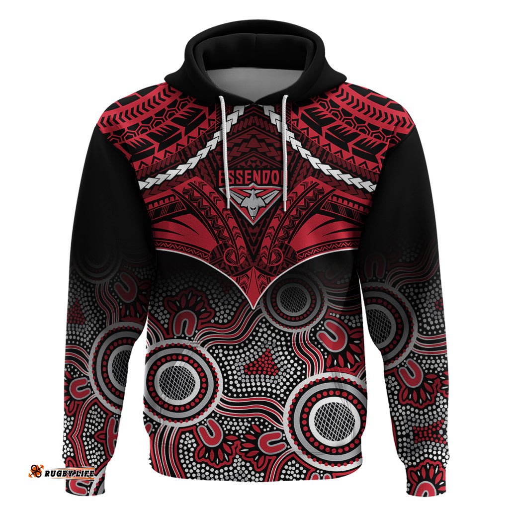 personalised essendon football hoodie bombers aboriginal mix polynesian pattern