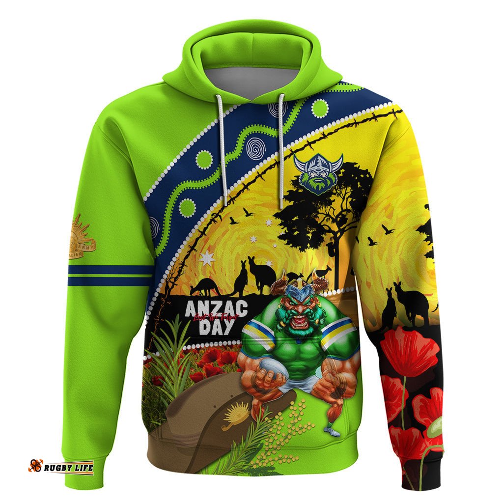 raiders rugby anzac day hoodie green machine mascot rosemary starry night