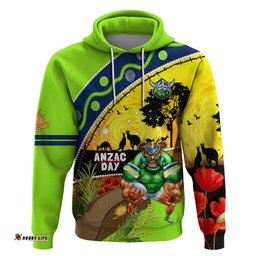 raiders rugby anzac day hoodie green machine mascot rosemary starry night