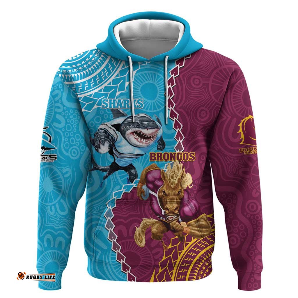 personalised sharks and broncos rugby hoodie aboriginal mix polynesian pattern