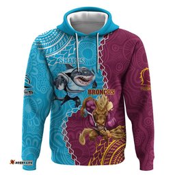 personalised sharks and broncos rugby hoodie aboriginal mix polynesian pattern