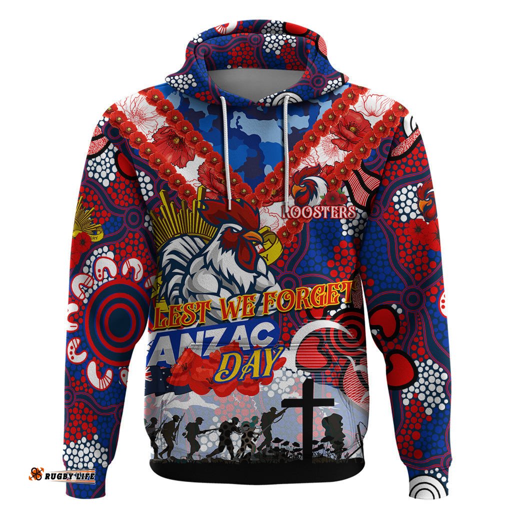 personalised roosters anzac day hoodie aboriginal rising sun dt02