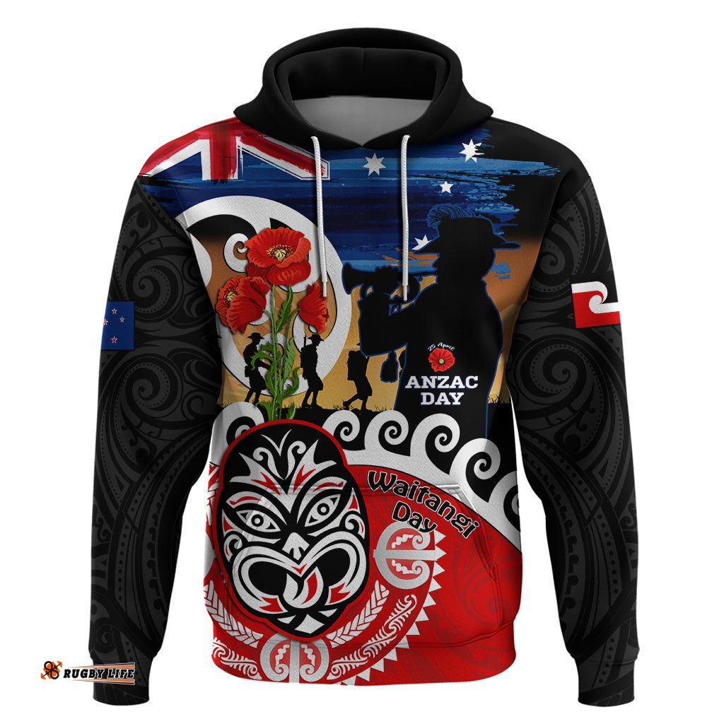new zealand waitangi and anzac day hoodie aotearoa maori tiki with last post
