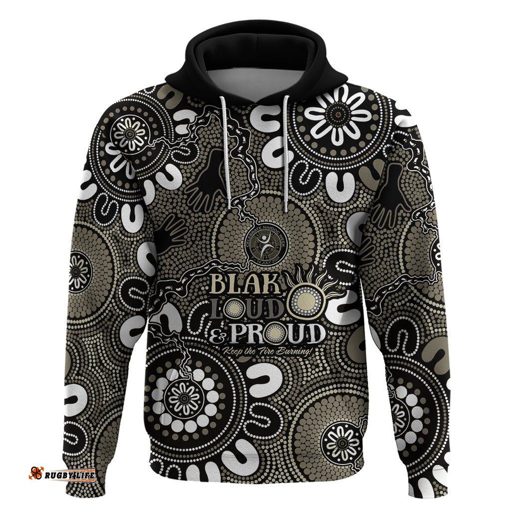naidoc week 2024 fire burning hoodie aboriginal dots black art