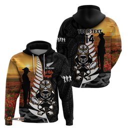 custom new zealand silver fern rugby anzac day hoodie 2024 all black tiki mascot