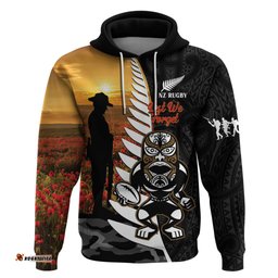 custom new zealand silver fern rugby anzac day hoodie 2024 all black tiki mascot