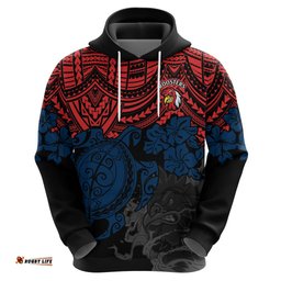 custom roosters rugby hoodie sydney hibiscus and turtle with polynesian pattern