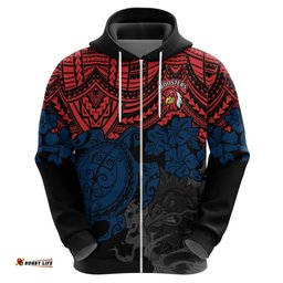 custom roosters rugby hoodie sydney hibiscus and turtle with polynesian pattern
