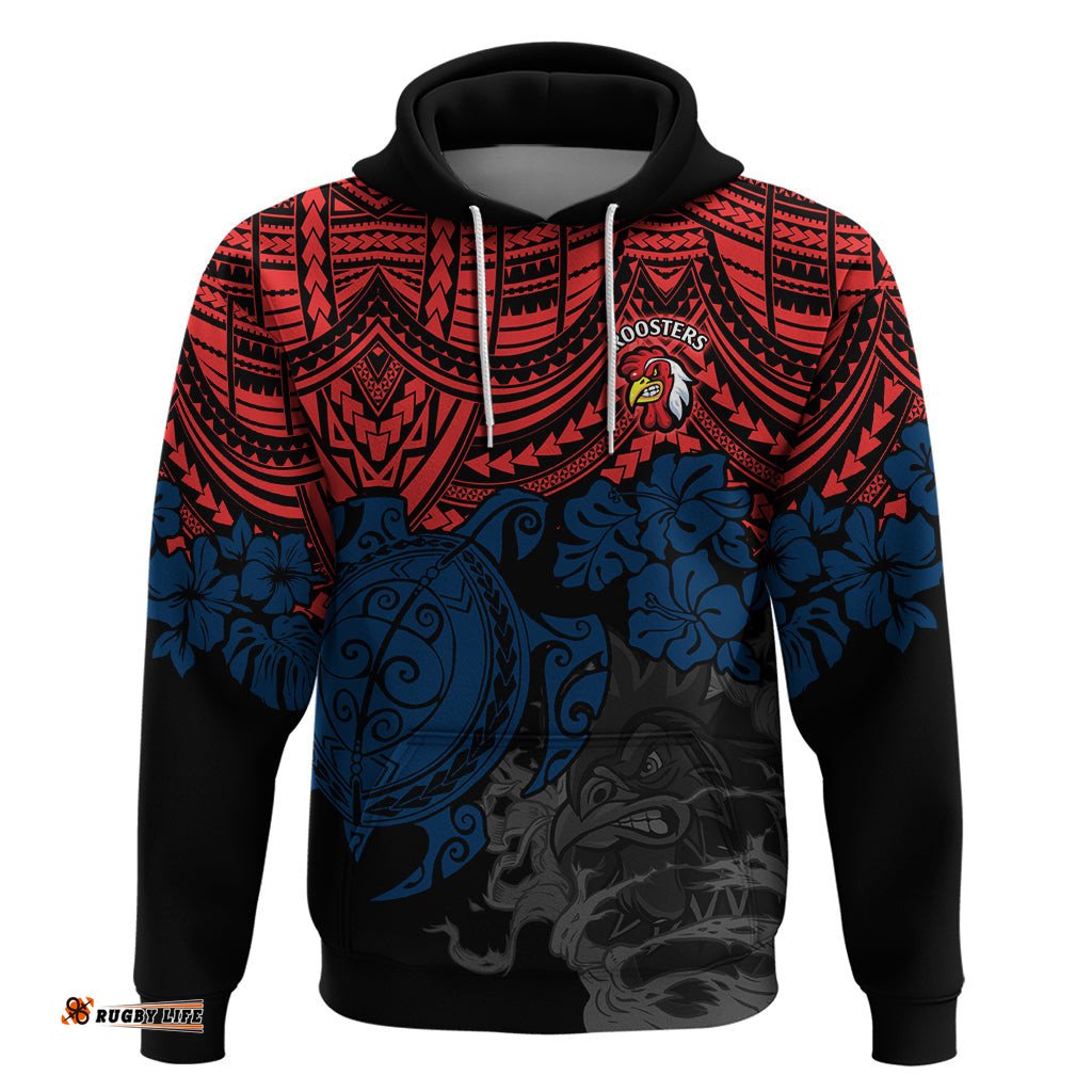 custom roosters rugby hoodie sydney hibiscus and turtle with polynesian pattern