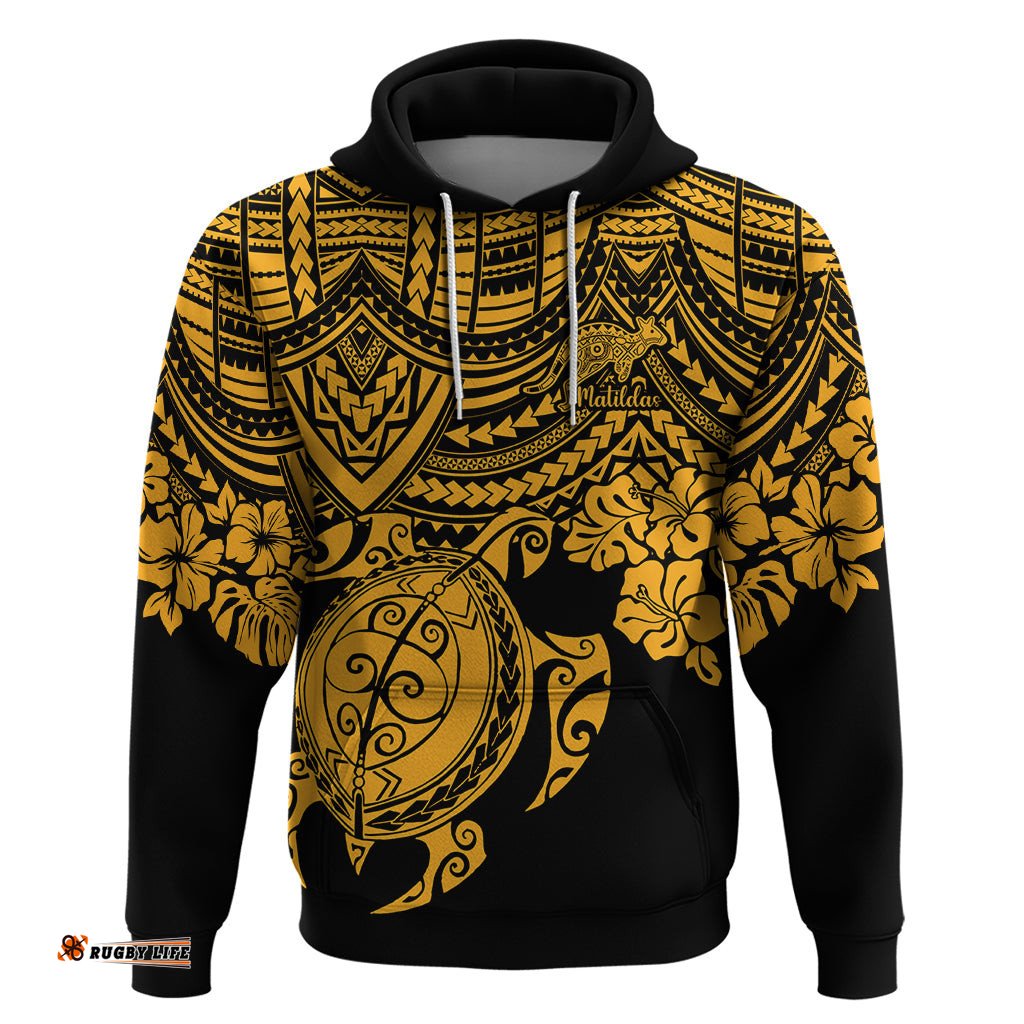 custom australia matildas hoodie hibiscus and turtle with polynesian pattern