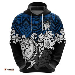 custom bulldogs rugby hoodie berries hibiscus and turtle with polynesian pattern