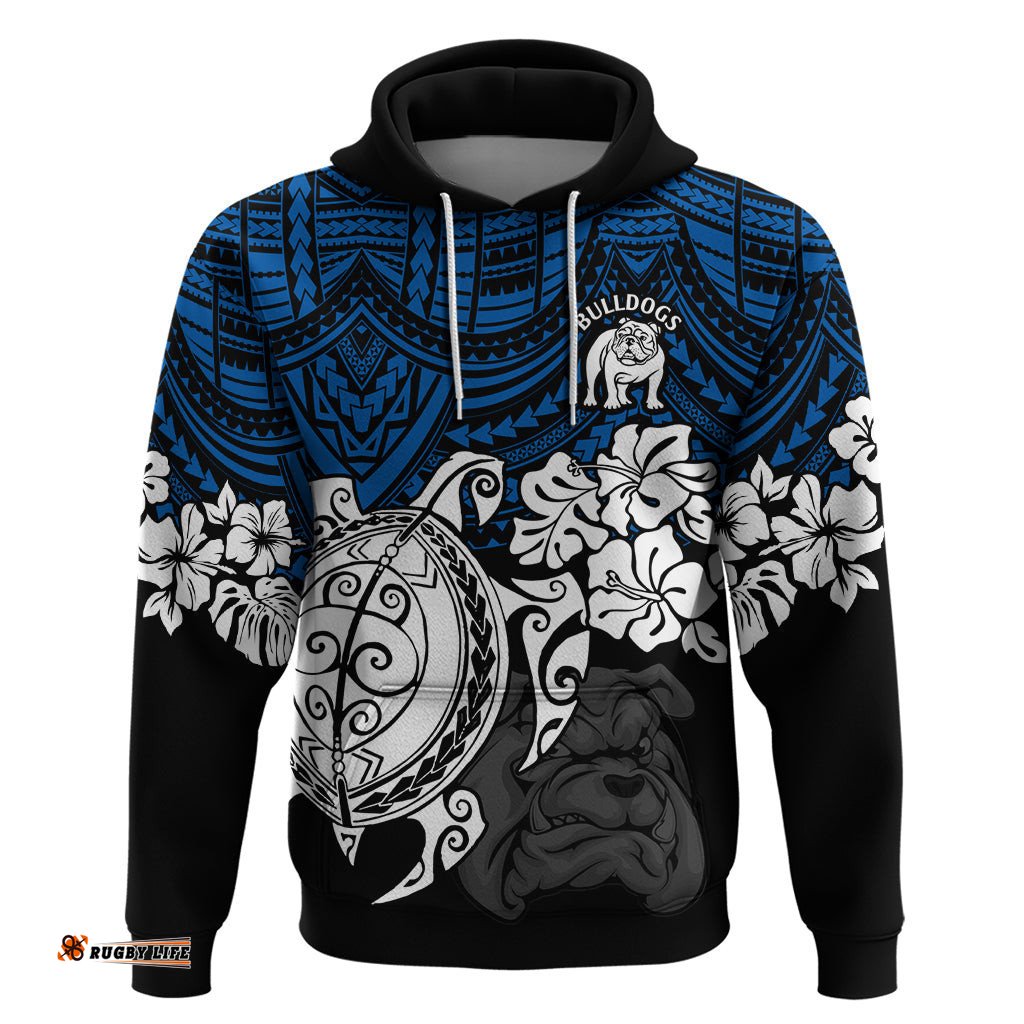 custom bulldogs rugby hoodie berries hibiscus and turtle with polynesian pattern