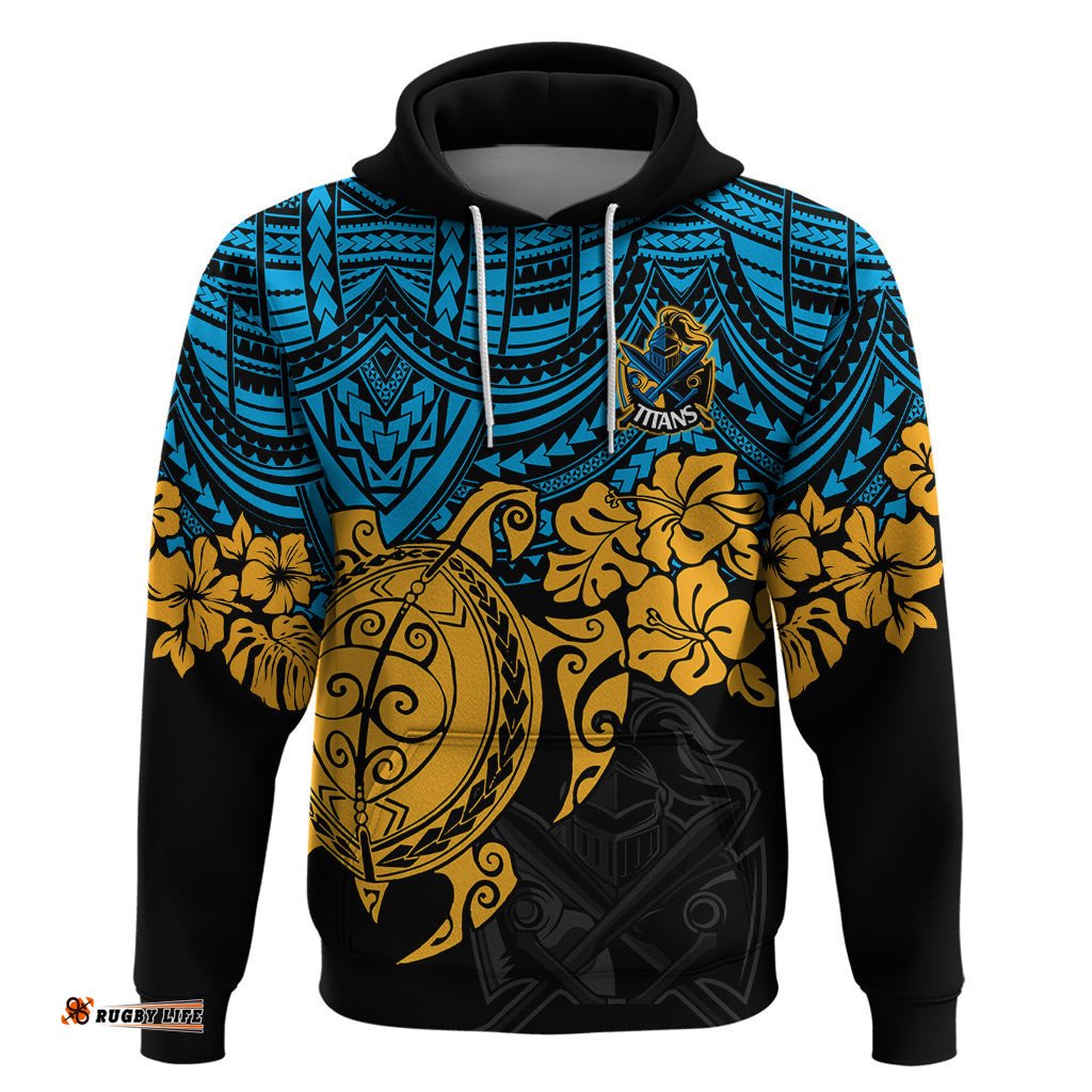 custom titans rugby hoodie gld hibiscus and turtle with polynesian pattern