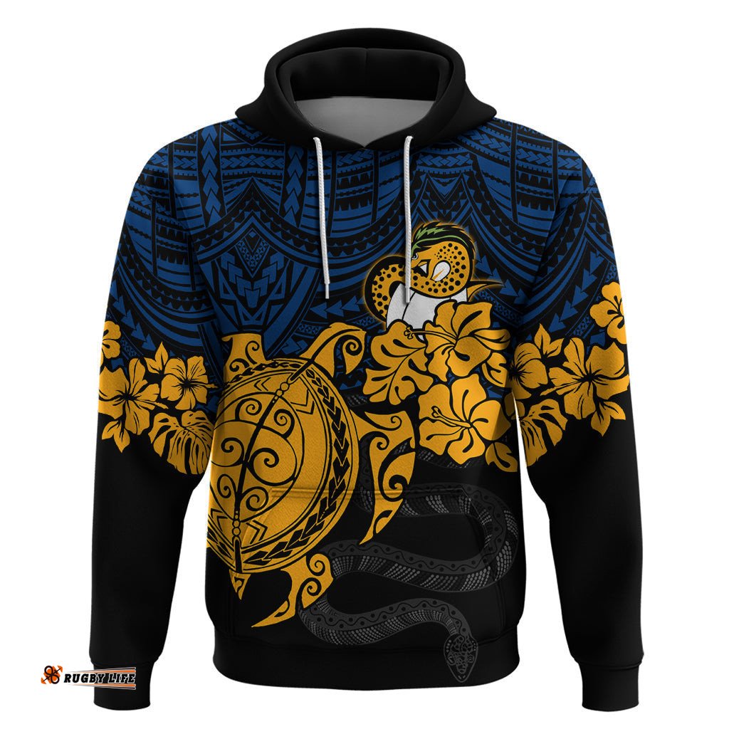custom parra eels rugby hoodie hibiscus and turtle with polynesian pattern