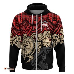 custom dolphins rugby hoodie reddy hibiscus and turtle with polynesian pattern