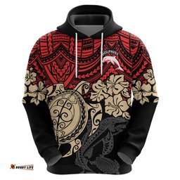 custom dolphins rugby hoodie reddy hibiscus and turtle with polynesian pattern