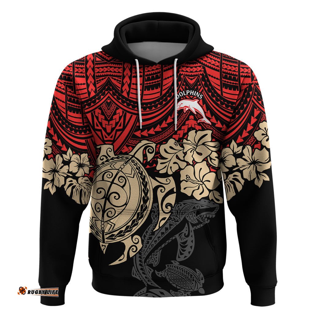 custom dolphins rugby hoodie reddy hibiscus and turtle with polynesian pattern