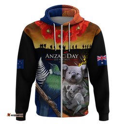 australia and new zealand anzac day hoodie tui bird and koala mix maori and aboriginal pattern