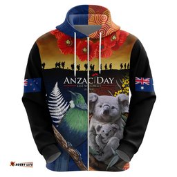 australia and new zealand anzac day hoodie tui bird and koala mix maori and aboriginal pattern