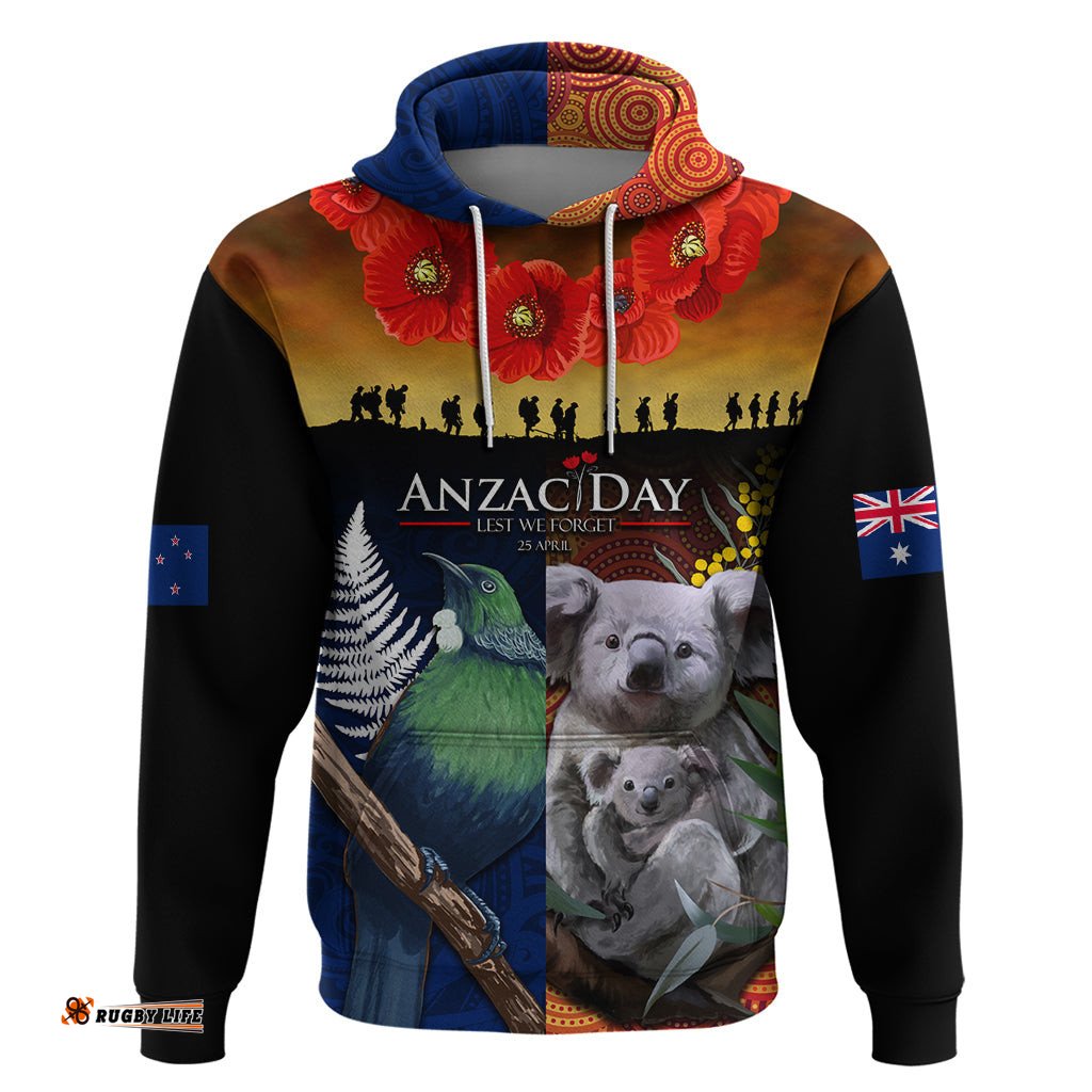 australia and new zealand anzac day hoodie tui bird and koala mix maori and aboriginal pattern