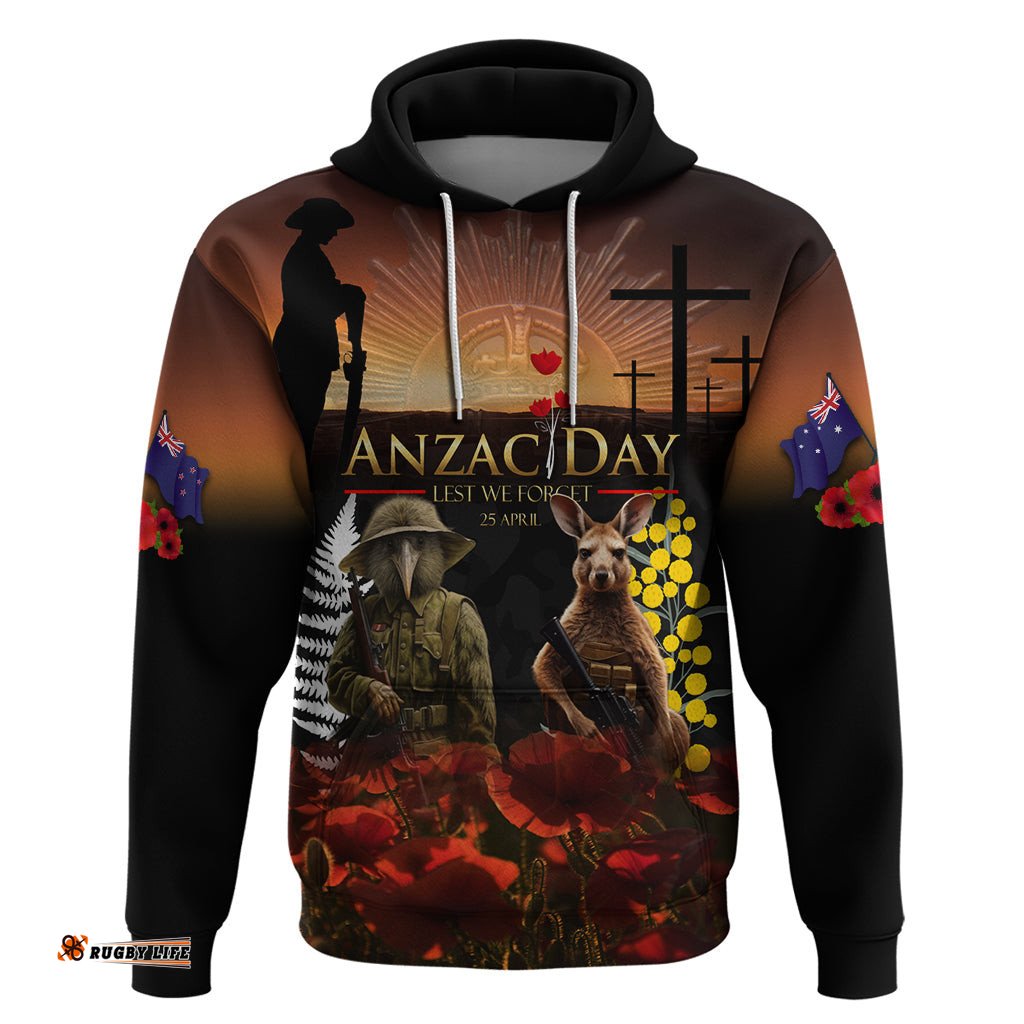 new zealand and australia anzac day hoodie kiwi bird and kangaroo soldier