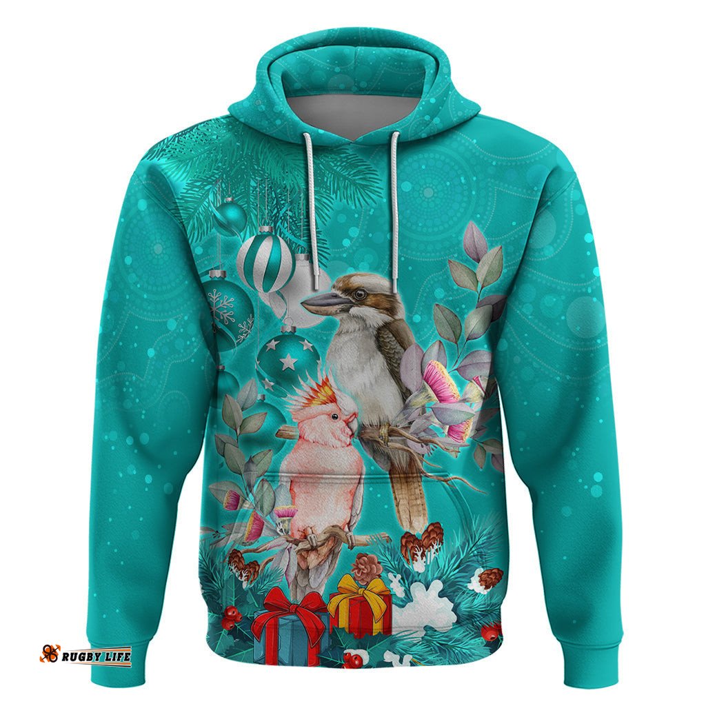 kookaburra and cockatoo hoodie australia merry christmas aboriginal teal style
