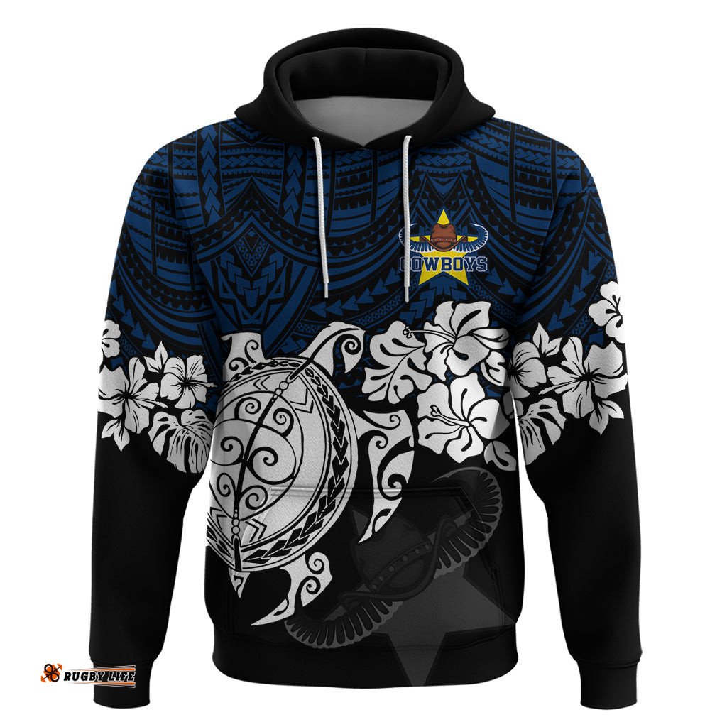 custom cowboys rugby hoodie hibiscus and turtle with polynesian pattern
