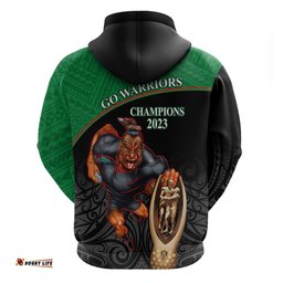 warriors rugby hoodie go champions aotearoa mascot with polynesian maori pattern
